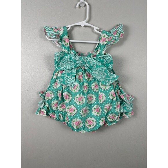 Serendipity Baby Girl 24 Months Bubble Romper Green Rose Bow - Picture 1 of 4
